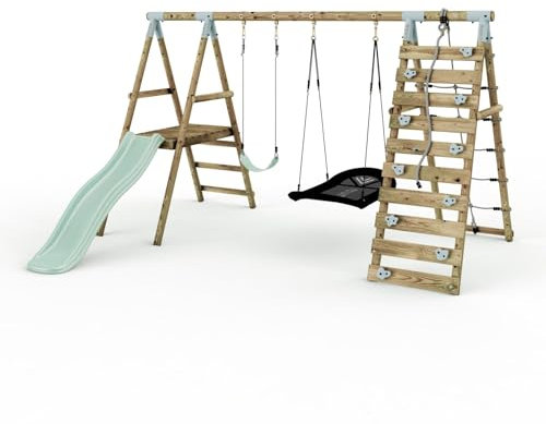 Limited Edition Rebo Wooden Double Swing Set with Slide plus Up and Over Climbing Wall - Quartz | Pressure Treated Timber | Boat Swing and Flexible Swing Seat | 6FT Slide | Pastel Green