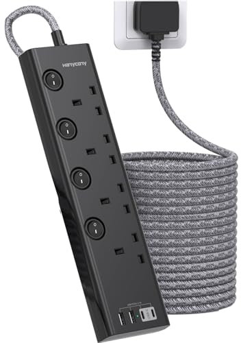Black Extension Lead 5M, 4 Way Socket with 4 USB Slots(2 USB C), Individually Switched, Extension Cable 5M, Wall Mount Extension Cord, Desk Power Strip for Home Office Accessories