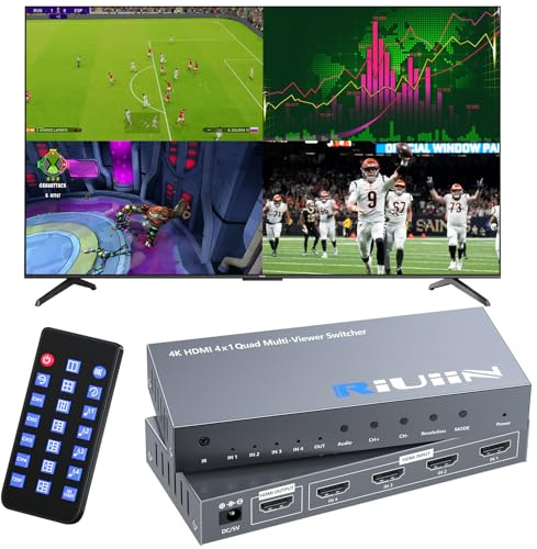 4K@30Hz HDMI Multiviewer Switch 4x1 - Quad Multi-Viewer Seamless Switcher 4 in 1 Out, 8 Ansichtsmodi, kompatibel mit PS4, Xbox