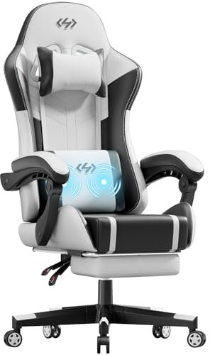 HLONONE Gaming Stuhl mit Massagefunktion, Ergonomischer Gamer Stuhl, Racing Gaming Sessel mit Fußstütze, Kopfstütze und Massage Lendenkissen, Gepolstert PC Stuhl, 150 kg Belastbarkeit, Schwarz-Weiß