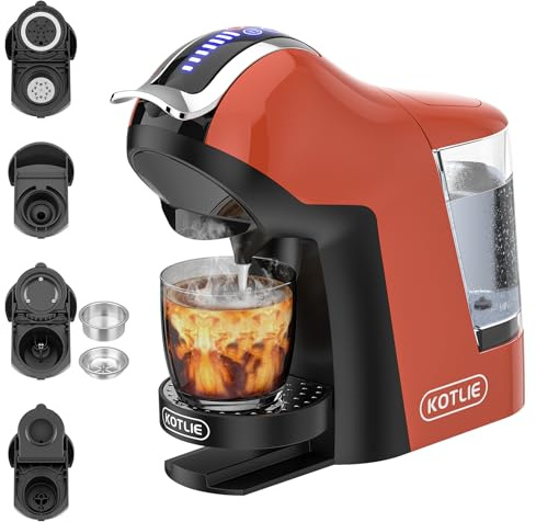 KOTLIE Cafetera EM-308A 5 en 1, soporta doble extracción para bebidas calientes y frías, con cuatro temperaturas seleccionables y siete niveles de regulación de la cantidad de agua (Naranja)