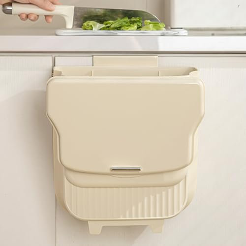 Chiziyixin 10L/2.6 Gallon Collapsible Hanging Trash Bin,Folding Caravan Door Bin,Food Waste Caddy Trash Can,Camping Campervan Bins for Kitchen Cupboard Bathroom Bedroom Office Car Dorm (Creamy)