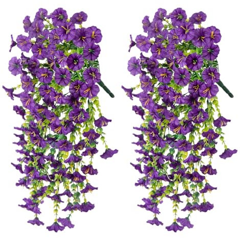 SHOWHEEL 2 flores artificiales colgantes de petunias de seda, flores artificiales colgantes, plantas de petunia artificiales, flores de balcón, plantas colgantes para decoración del hogar al aire