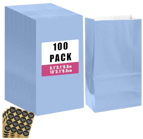 Gcardist 100 pezzi sacchetti di carta blu chiaro con 100 adesivi 5,1''x 3,1''x 9,4'' piccole borse regalo per feste, borse per snack senza manico