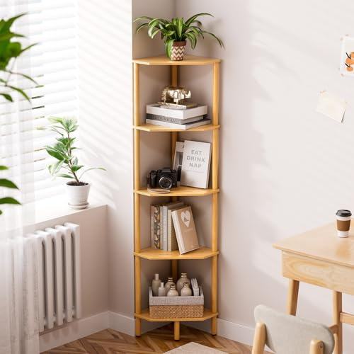 Corner Shelf, 5 Tier Bamboo Corner Bookshelf, 54 Tall Narrow Bookcase, Plant Stand, Corner Display Rack, Shower Caddy, Display Standing Shelf Organizer for Bedroom, Living Room, Kitchen, Home Office