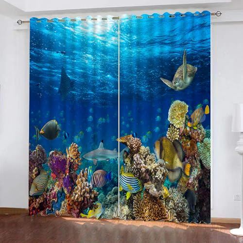 HABEAT 3D Fisch Gardinen Abdunkelnde Ozean Koralle Kindervorhänge Vorhang mit ösen 2er Set Vorhänge Blickdicht Verdunkelungs für Kinderzimmer Schlafzimmer Wohnzimmer B 200 X H 160 cm（Motiv 15-2）