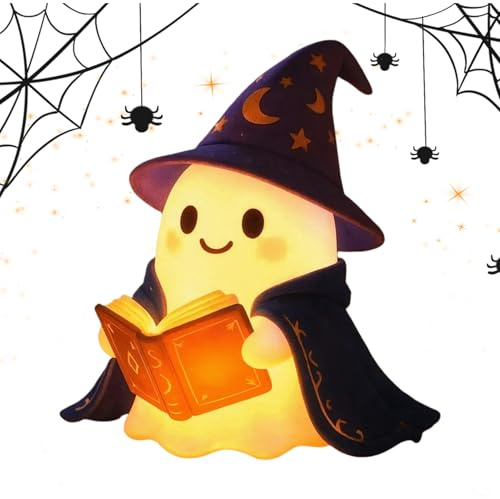 Niedliche Halloween Geisterlampe, 15 cm LED Leselampe Deko 3D LED Geistlampe Mit Buch Design, 2025 Neu Geisters Statue Nachtlicht Für Zuhause Kamin Wohnzimmer Schreibtisch Urlaub Schlafzimmer(B# )