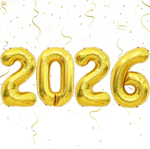 Koboko Silvester Deko 2026 Luftballon, 32 Zoll Happy New Year Deko 2026 Ballons Gold, Neujahr Deko Folienballon 2026, Silvester Deko 2026 Party Set Ballons, Deko 2026 Neujahr Ballon Set, 2026 Deko