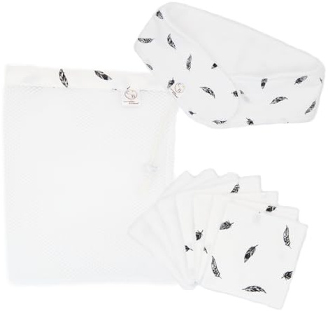 Lingettes démaquillantes lavables bambou, cotons réutilisables, pads, fait main, lot de 7 + bandeau make-up + filet de lavage, ensemble démaquillage (Ensemble Blanc à Motif)