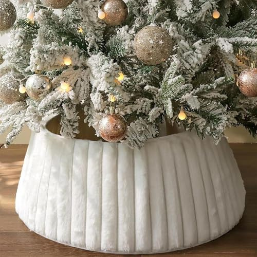 Collare per Albero di Natale | Collare per Albero di Natale Bianco in Morbido Tessuto Felpato di Lusso con Motivo a Righe | Morbido Anello per Albero di Natale Stile Boho, Gonna per Albero di Natale