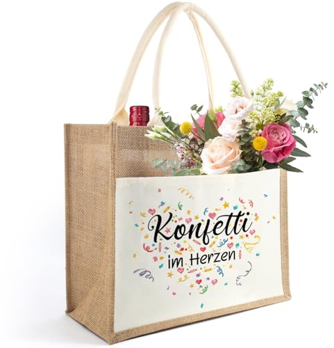 Tarklanda Karneval Jutetasche mit Spruch Konfetti im Herzen, Jute Tote Bag Konfetti im Herzen, Jute Einkaufstasche Frauen, Fasching Karneval Geschenke für Frauen Frau Freunde Kollegin