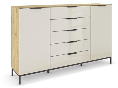 Rauch Möbel Flipp, Kommode, Farbe Glas Beige/Eiche Artisan, Breite 180 cm | Sideboard, 2-türig, 5 Schubladen, Glasfront, Soft-Close, Griffe, Metallkufe Graphit für Schlafzimmer, Gästezimmer, Wohnzimmer