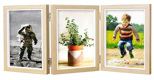 CHUANFU 3 Bilder Bilderrahmen 10 x 15 cm Holz, Bilderrahmen Aufklappbar mit Scharnier Dreifach, Faltbar Bilder Holzbilderrahmen, Portraitrahmen mit Acrylplatte für Büro Hochzeit Familie, Holzmaserung