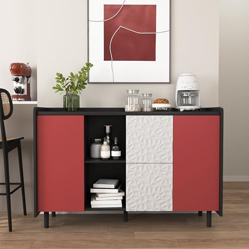 LZPUOUI Sideboard Buffetschrank 120 cm Schwarz Rot Kaffeebar-Schrank mit 2 Schubladen 2 offenen Fächern Paneel-Design Anrichte in MDF Metall Küchenschrank für Küche Esszimmer Büro Diele