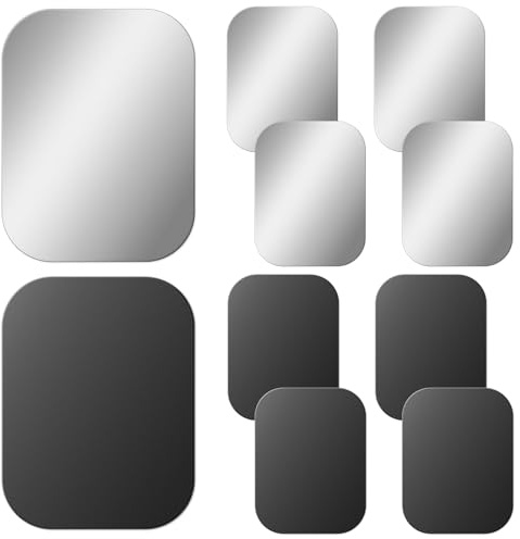 TIESOME 10 Pcs Adhesive Thin Magnetic Plates, Metal Base Plate, Compatible | for Phone Case, 1.97 x 1.5 In, with Magnetic Mounts, Black & Silver