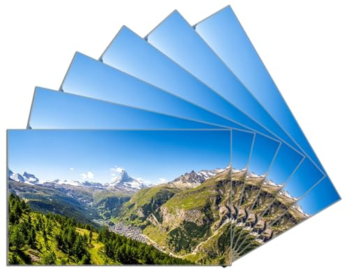 Wallario 6er Set Frühstücksbrettchen aus Glas, Glasunterlage, Glasbrettchen Sommerliches Alpenpanorama, Größe 14 x 23 cm, Sicherheitsglas