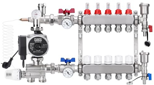 Set di 5 circuiti di riscaldamento in acciaio inox, set di regolazione del valore fisso con pompa ad alta efficienza e cono euro 3/4 (20 x 2 mm), set di sfiato e valvole a sfera, distributore con