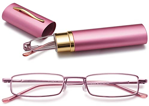 VEVESMUNDO Herren Lesebrille Mini Reise Kleine Kompakte Schmal Metall Lesehilfe Brillen Mit Etui +1.0,+1.5,+2.0,+2.5,+3.0,+3.5,+4.0 (1 x Rosa Blaulichtfilter Lesebrille, 2.0)