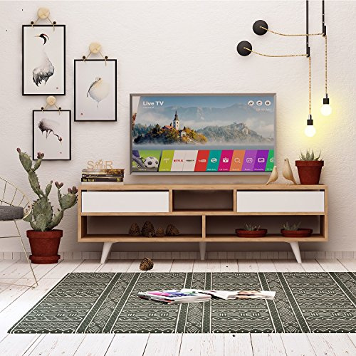 Hanah Home Modern TV Stand with Wall-Mount Option, Oak & White, 140 cm | 100% Melamine Coated Particle Board, 18 mm Thick | Stylish Design with Multiple Shelves