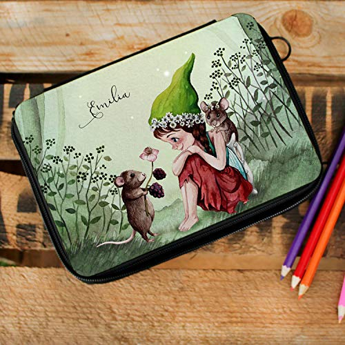 ilka parey wandtattoo-welt Gefüllte Federtasche Elfe Fee mit Maus im Wald Schulstart Federmappe individuelles Federmäppchen & Namen Wunschnamen fm193