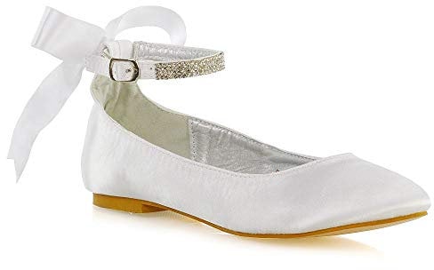 ESSEX GLAM Womens Ankle Strap Pumps Shoes Ladies Bridesmaid Satin Diamante Bow Bridal Ballet Shoes 3-8