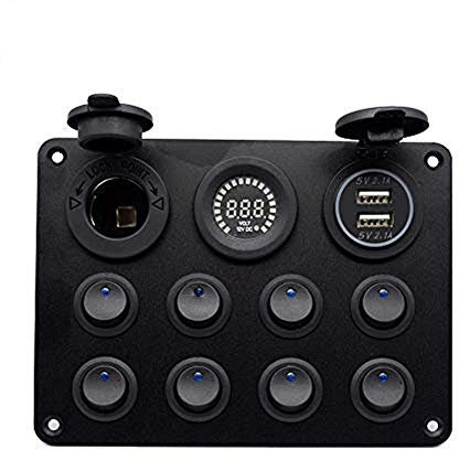 Maso - Pannello con interruttori a levetta, 12-24 V, 8 uscite, doppia presa USB, caricatore voltmetro LED 12V, presa di alimentazione per auto, barca, camper e camion