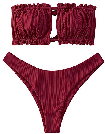 ZAFUL Damen Bikini Set, schulterfrei Bandeau mit Kordelzug & Rüschen High Cut Einfarbig Bademode (A-Weinrot,S)