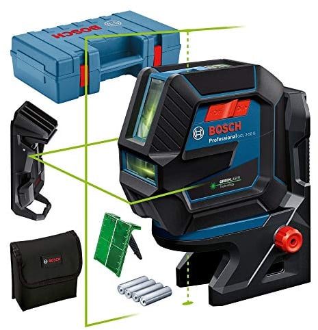 Bosch Professional Livella Laser GCL 2-50 G,laser verde, da interno, supporto RM 10, morsetto per soffitto, raggio d'azione visibile fino a 15 m, 4x batterie AA, valigetta