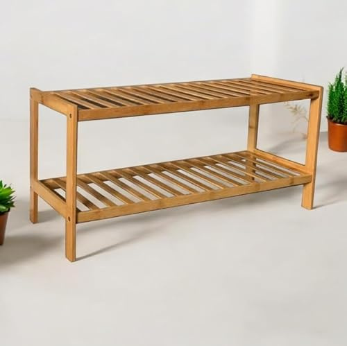 Faboer Natural Bamboo 2-Tier Shoe Rack, Shelf for Shoes Plants Books Organizer, for Living Room Hallway Bedroom Bathroom, 26 x 70 x 33 cm - Natural Brown