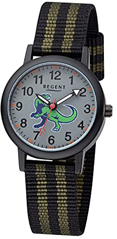 REGENT Armbanduhr für Jungen Junioruhr Kinderuhr Dinosaurier mit Stoffband Arabische Zahlen Quarz