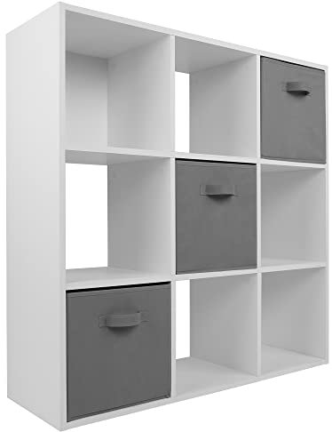 Charles Jacobs White 9 Cube Storage Shelving Unit + 3 Grey Fabric Drawers