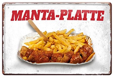 Manta Platte Blechschild - Mantaplatte Metallschild mit Befestigungsset - schöne Grafik von Currywurst und Pommes mit Ketchup und Mayonnaise - Schild für Imbiss Küche - Ruhrpott Deko - 30x20cm