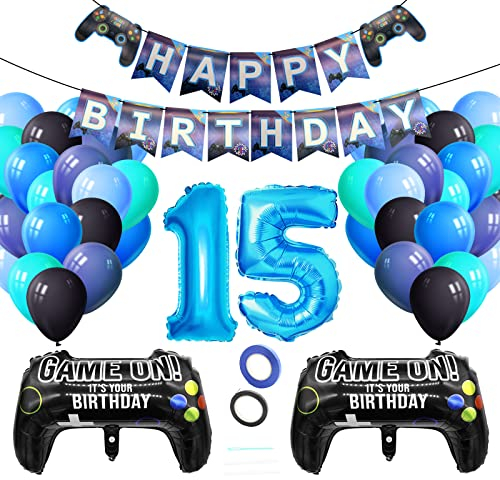 Luftballons Geburtstagsdeko Junge 15 Jahre, Techextra Videospiel Game Party Geburtstag Dekoration Zubehör Set mit Happy Birthday Banner für 15. Jahr Jungen Ballon Geburstag Deko (15 Jahr)