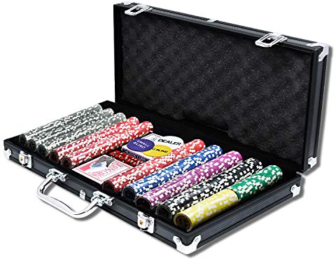HENGMEI Pokerset mit 500 Laser Pokerchips Pokerkoffer Komplett Set Pokerkarten Zubehör inkl. 2X Pokerdecks, 5X Würfel, 3X Dealer Button, Poker, Pokerchips, Koffer, Jetons (Schwarz)