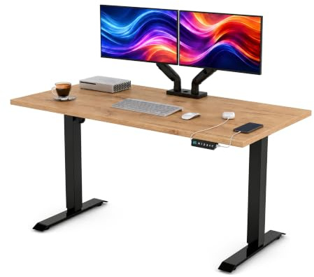 POKAR Höhenverstellbarer Schreibtisch Elektrisch 140x80 cm | Massive 25mm Platte | Memory-Panel mit USB-C und USB-A | Steh-Sitz-Tisch für Home Office | Gestell Schwarz, Platte Golden Craft Eiche