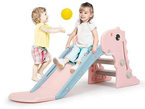 Nyeekoy 3 in 1 Toddler Slide, Kids Slide Climber Playset with Basketball Hoop, Indoor and Outdoor Playground for Kids, Folding Design Freestanding Baby Slide, Easy Assembly