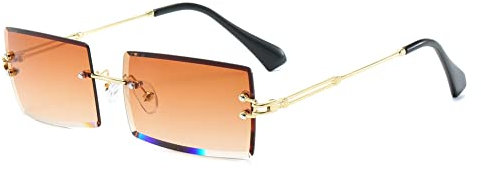 YUELUQU Retro Rimless Rectangle Sunglasses for Women Men Transparent Glasses Y2K Vintage Eyewear (Gold tea)