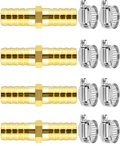 QINGHEC 4 pièces connecteur cannelé en laiton, raccord de tuyau droit 2 voies avec 8 colliers de serrage en acier inoxydable, Connecteur de Tuyau en Laiton pour eau/carburant/air