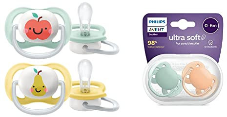 Philips Avent Schnuller Ultra air, 0 bis 6 Monate, kiefergerecht und BPA-frei, 2 Stück & Avent Ultra Soft Schnuller, 2er-Pack – BPA-freier Schnuller für Babys von 0 bis 6 Monaten, grün/orange pastell