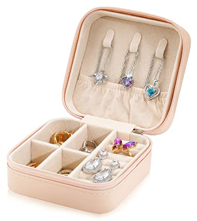 Divani Small Jewelry Box - Mini Leather Jewelry Organizer - Travel Jewelry Case Portable Jewelry Storage Box for Women and Girls Earring Rings Necklace Bracelets Accessories - Pink