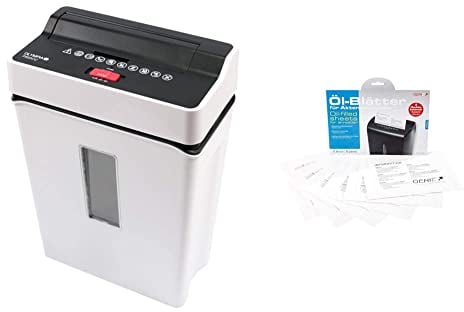 OLYMPIA PS 53 CC Profi Aktenvernichter Sichtfenster weiß Partikelschnitt Sicherheitsstufe P4 & Genie Pflegekit (Ölblätter/Ölpapier und Cleaning-Kit für Aktenvernichter) 6er Pack