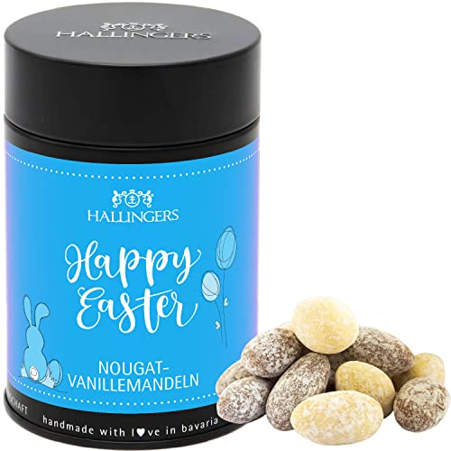 Hallingers Happy Easter - Ostergeschenke für Osterkörbchen zu Ostern, Nougat-schokolierte Vanille-Mandeln handmade (Dose) - Geschenk im Sommer & als perfektes Grillgeschenk | Glückwunsch Danke Freunds