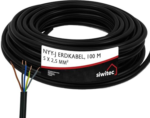 siwitec NYY-Kabel, NYY-J 5x2,5 mm², 100 m, Erdkabel, Installationskabel, Erdleitung, Kabelring - Made in Germany
