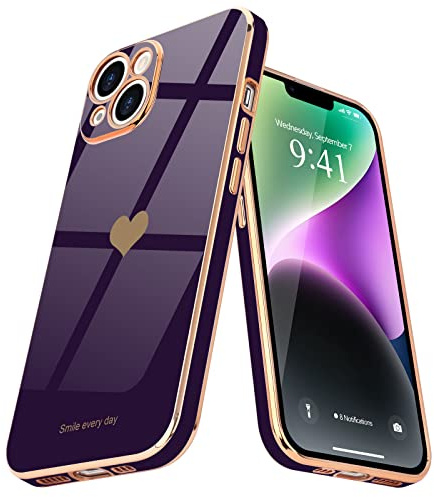 Teageo Lovely Case for iPhone 14, Cute Heart Back, Dark purple | Luxury Bling Plating, Soft TPU, Anti-Scratch Shockproof Bumper, for Women Girls, Lovely Heart Pattern