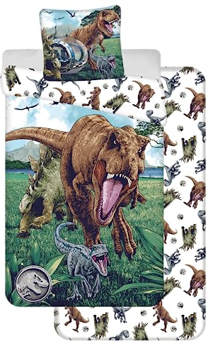 Jurassic World Bettwäsche-Set, 3-teilig, 100 % Baumwolle, Bettbezug 140 x 200 cm + Kissenbezug 65 x 65 cm + Spannbettlaken 90 x 200 cm