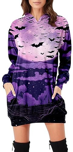 halloween kostüm damen halloween 2 Halloween-Kleid für Damen, lässiges Vintage-Druckkleid, langärmeliges Kapuzenpullover, langärmliges Midi-Kleid mit Taschen Damen Maxikleid Sommer (Purple, XXL)