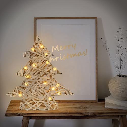 ECD Germany Árbol de Navidad 30cm de Alto con 15 Luces LED Blanco Cálido Árbolito de Ratán y Metal Ornamental Navieño Decoración para Interior con Iluminación y Temporizador Funcionamiento con Pilas