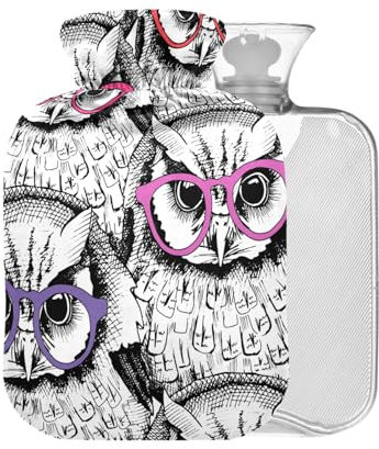 MCHIVER Wärmflasche mit Eulenmotiv, 1 l, kleiner Wärmbeutel zur Schmerzlinderung, Krämpfe, BAP-frei
