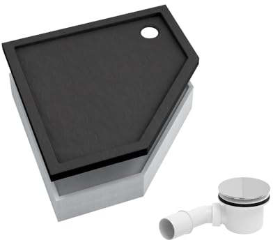 AQUABAD Duschwanne/Duschtasse | Komplettset Basic Black Stone 80x80cm Fünfeck | inkl. Styroporträger und Marken-Siphon 90mm mit Chromdeckel | (Gesamthöhe inkl. Träger 16 cm) zum Befliesen