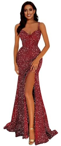 Generisch Frauen Meerjungfrau Pailletten Abschlussball Kleider V-Ausschnitt RüCkenfrei Brautjungfernkleid Langer Schlitz Formelle Abendparty Ballkleid Burgundy S